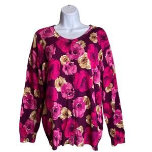 Macy’s Charter Club Women's Magenta Floral Button Front Cardigan Sweater Size 2X